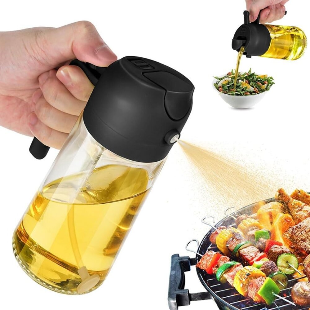 16oz Olive Oil Dispenser Bottle 2 in 1 Sprayer Pourer Glass for Kitchen Cooking